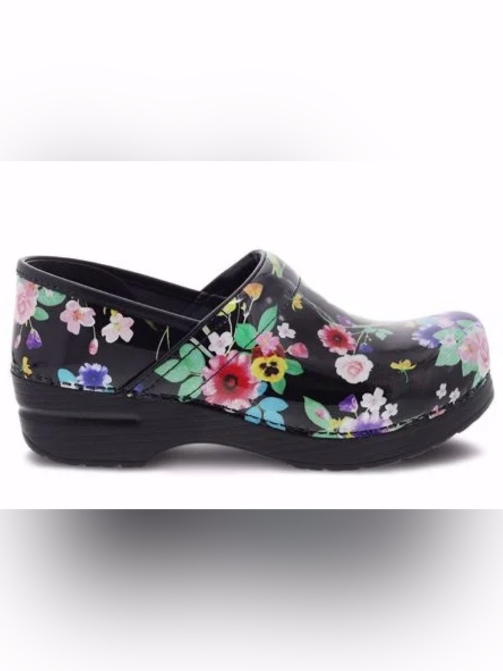 Dansko Professional Floral Patent Leather Clogs Black Multicolor Garden EU 40